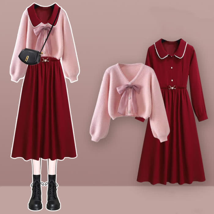 Elegant Bow Knot Cardigan Crop Sweater Long Sleeve Dress