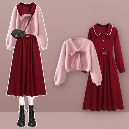 Elegant Bow Knot Cardigan Crop Sweater Long Sleeve Dress