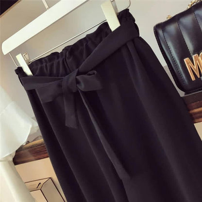 Elegant Bowknot Chiffon T-Shirt Lace Up Wide Leg Pants