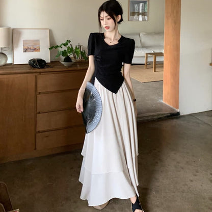 Elegant Buckle Irregular T-Shirt Layered Midi Skirt Set