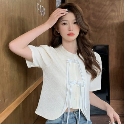 Elegant Buckle Puff Sleeve Loose T-Shirt