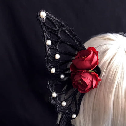 Elegant Butterfly Pearl Rose Hair Clip Halloween Accessory