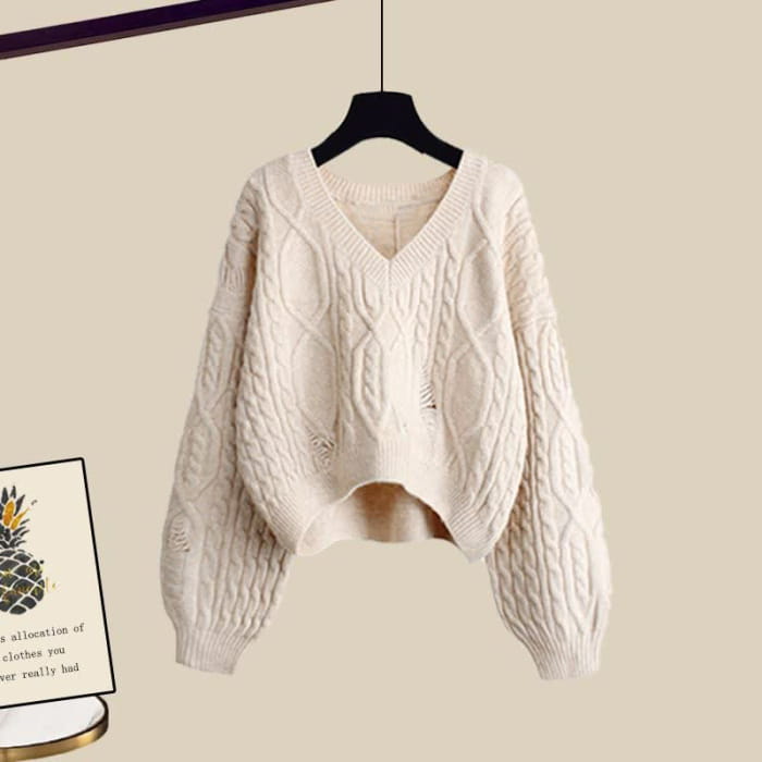 Elegant Cable Knit Sweater Lapel Long Sleeve Dress - A / M