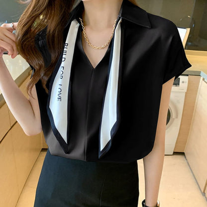 Elegant Chain Bow Tie Loose Shirt - Black / M