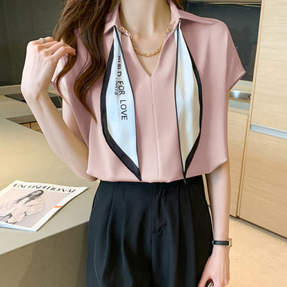 Elegant Chain Bow Tie Loose Shirt - Pink / M