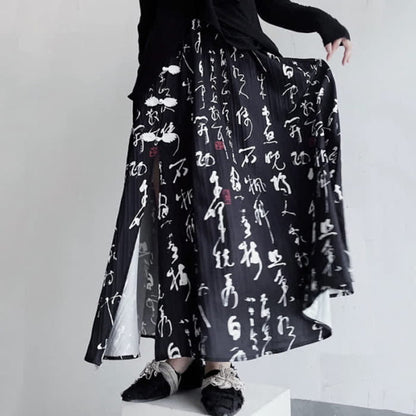 Elegant Character Print Buckle Split Skirt