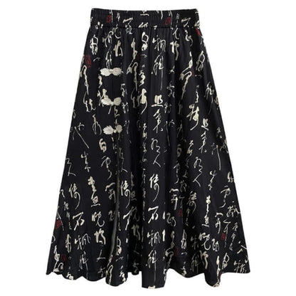 Elegant Character Print Buckle Split Skirt - Black