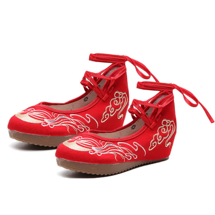 Elegant Cloud Embroidery Canvas Flats Shoes - Red(Lace-up)