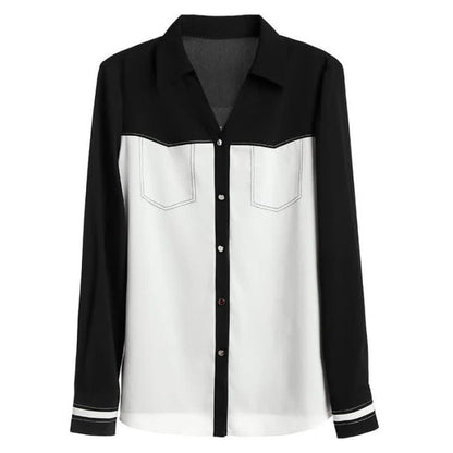 Elegant Colorblock Chiffon Shirt Workwear - Black / S