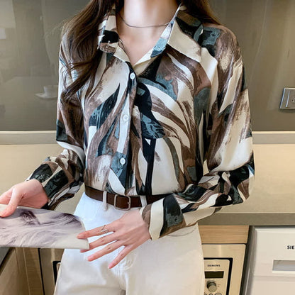 Elegant Colorblock Lapel Long Sleeve Chiffon Shirt