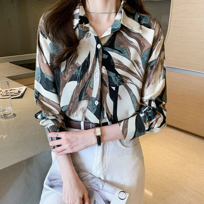 Elegant Colorblock Lapel Long Sleeve Chiffon Shirt - Green