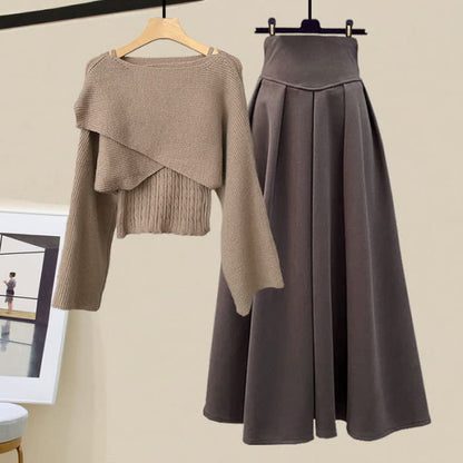 Elegant Cross Sweater Cable Knit Cami Top Skirt - Khaki