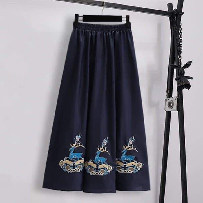 Elegant Deer Embroidery Buckle Shirt Skirt - One Size