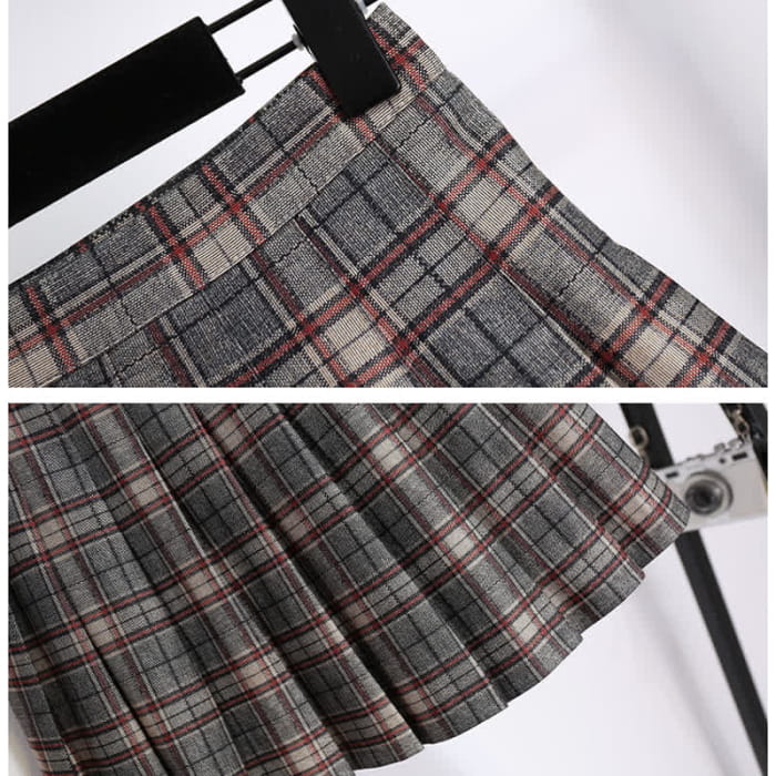 Elegant Doll Collar Knit Sweater Plaid Print Pleated Skirt