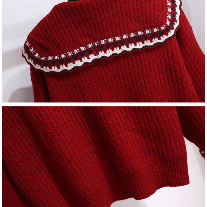 Elegant Doll Collar Knit Sweater Plaid Print Pleated Skirt