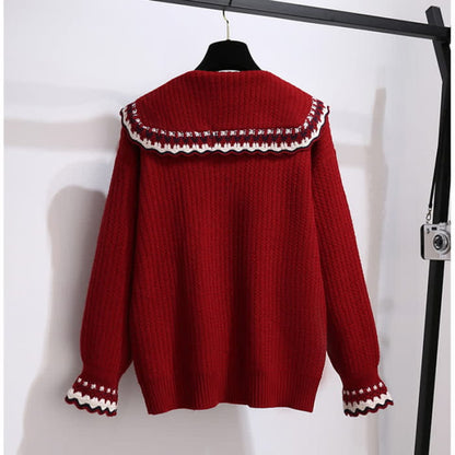 Elegant Doll Collar Knit Sweater Plaid Print Pleated Skirt