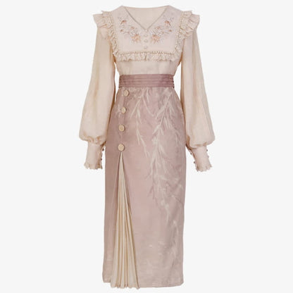 Elegant Embroidery Pink Shirt High Waist Split Pleated