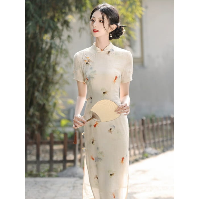 Elegant Fish Printing Cheongsam - S - Female Hanfu