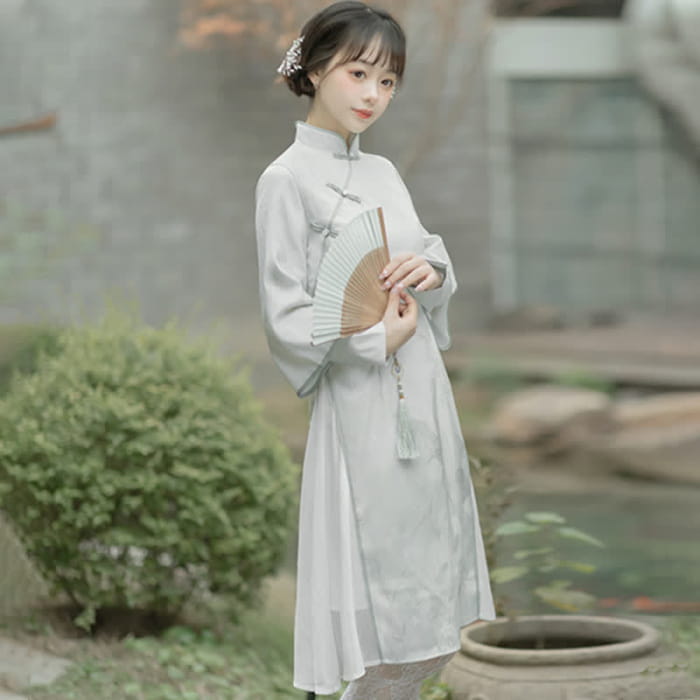 Elegant Floral Print Cheongsam Dress Coat Two Pieces Set