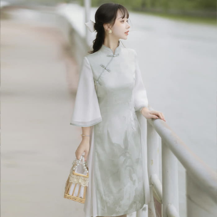Elegant Floral Print Cheongsam Dress Coat Two Pieces Set
