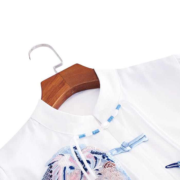 Elegant Floral Tassel Shirt Bird Print Skirt Set