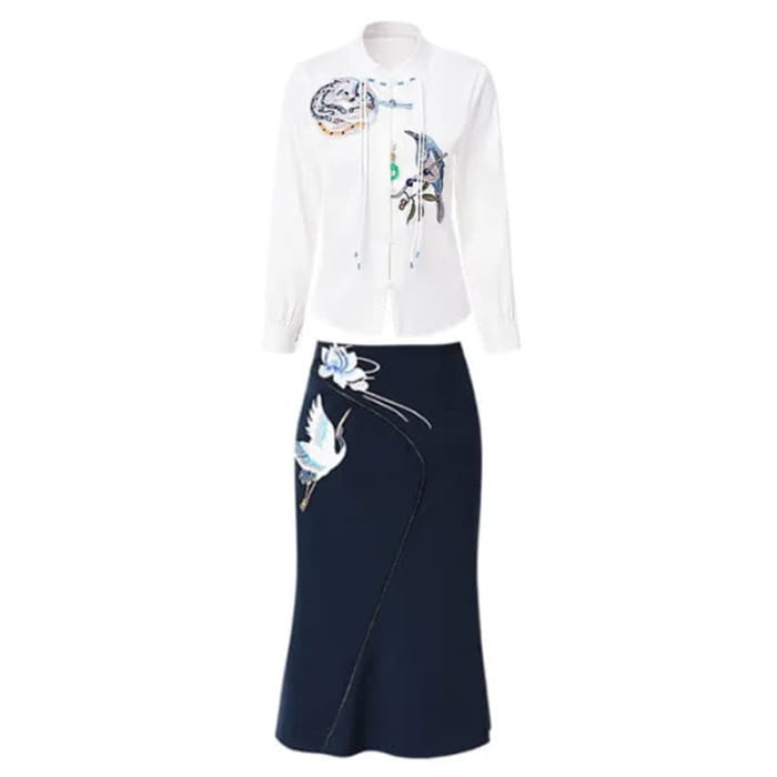 Elegant Floral Tassel Shirt Bird Print Skirt Set - M