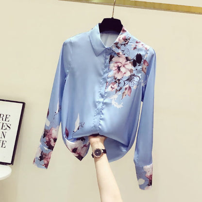 Elegant Flowers Print Long Sleeve Shirt - Blue / M