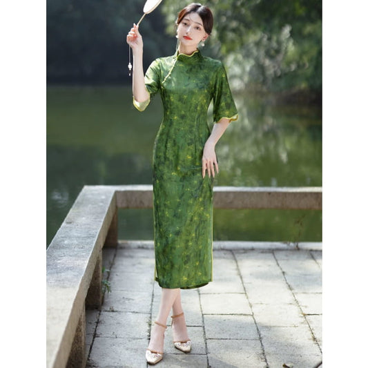 Elegant Green Cheongsam Dress - S - Female Hanfu