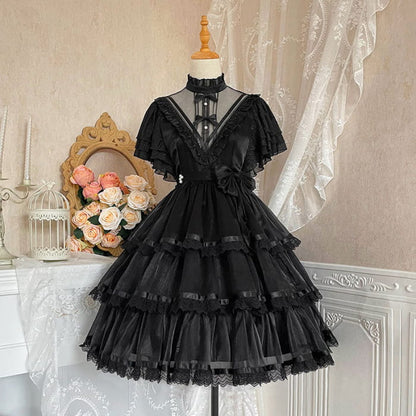 Elegant High Collar Lace Bow Knot Lolita Dress - Black / S