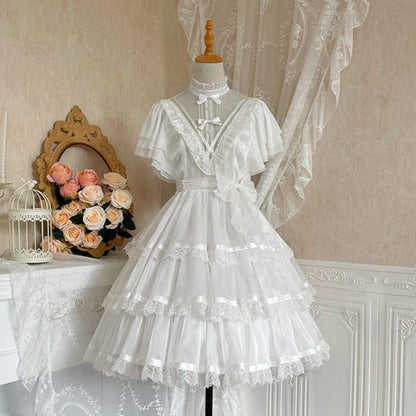 Elegant High Collar Lace Bow Knot Lolita Dress - White / S