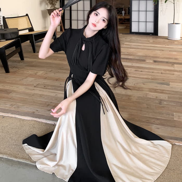 Elegant Hollow Out Split A-line Cheongsam Dress