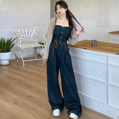 Elegant Knit Cardigan Off The Shoulder Denim Overalls modakawa