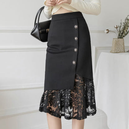 Elegant Lace Stitching Button Front Skirt