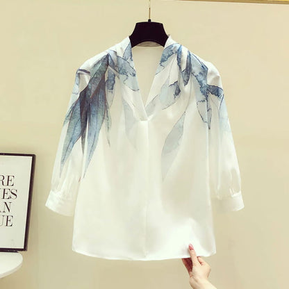 Elegant Leaf Print Fashion Shirt - Three Quarter Sleeve / M