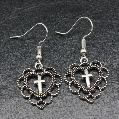 Elegant Love Heart Cross Earrings - Standart / Silver