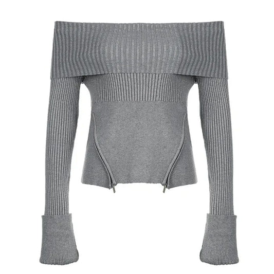 Elegant Off Shoulder Knit Sweater - S / Grey