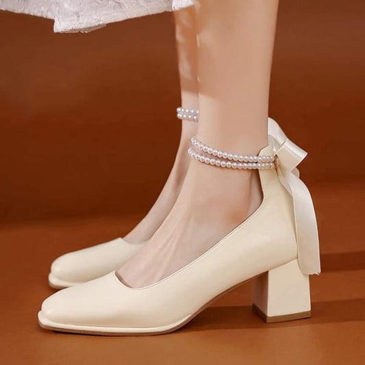 Elegant Pearl Bow High-heeled Shoes
