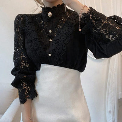 Elegant Pearl Hollow Out Lace Shirt - Black / M