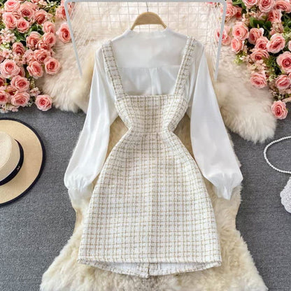 Elegant Plaid Slip Dress Lace Up Shirt Set