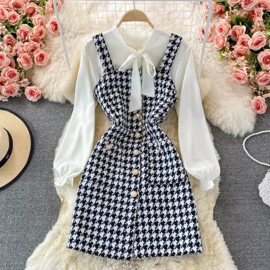 Elegant Plaid Slip Dress Lace Up Shirt Set - A / M