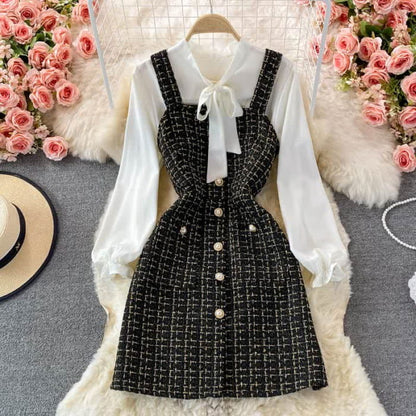 Elegant Plaid Slip Dress Lace Up Shirt Set - C / M