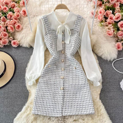 Elegant Plaid Slip Dress Lace Up Shirt Set - D / M