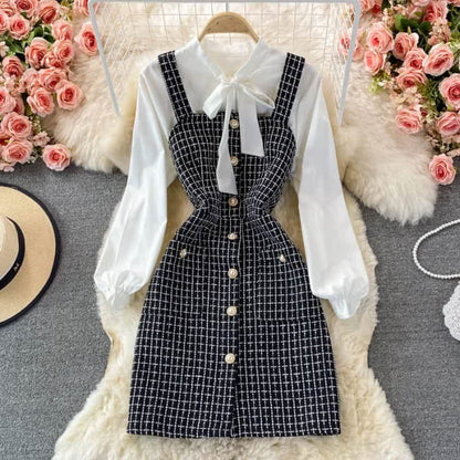 Elegant Plaid Slip Dress Lace Up Shirt Set - E / M