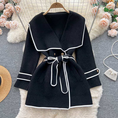 Elegant Print Sailor Collar Belted Coat - Black / One Size