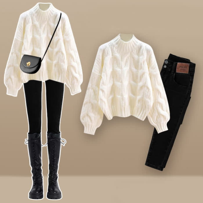 Elegant Pure Color Cable Sweater Plush Pants Set