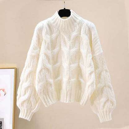 Elegant Pure Color Cable Sweater Plush Pants Set - Apricot