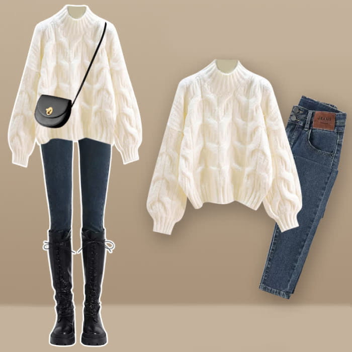 Elegant Pure Color Cable Sweater Plush Pants Set - Apricot