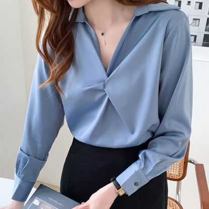 Elegant Pure Color Ruffled Satin Shirt Workwear