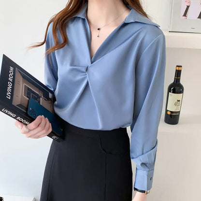 Elegant Pure Color Ruffled Satin Shirt Workwear