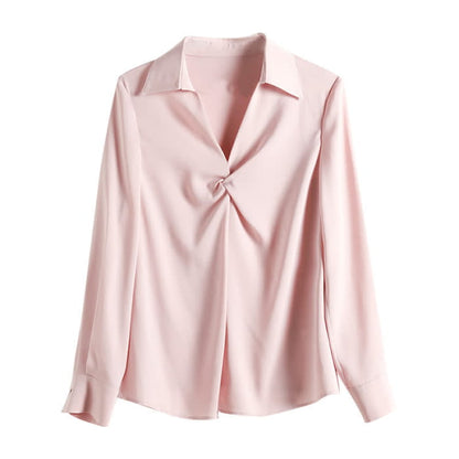 Elegant Pure Color Ruffled Satin Shirt Workwear - Pink / M